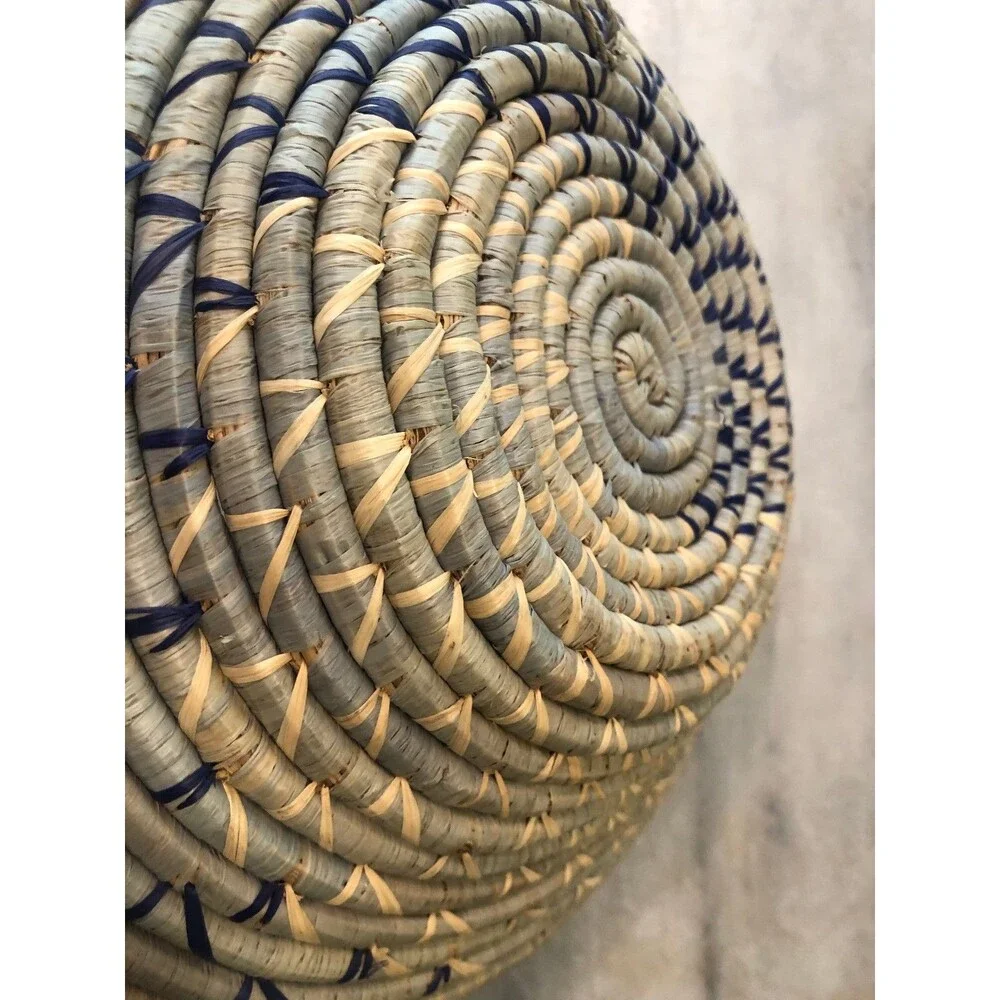 Handwoven Africa Basket Blue Coiled Bowl Wall Hanging - Boho Style